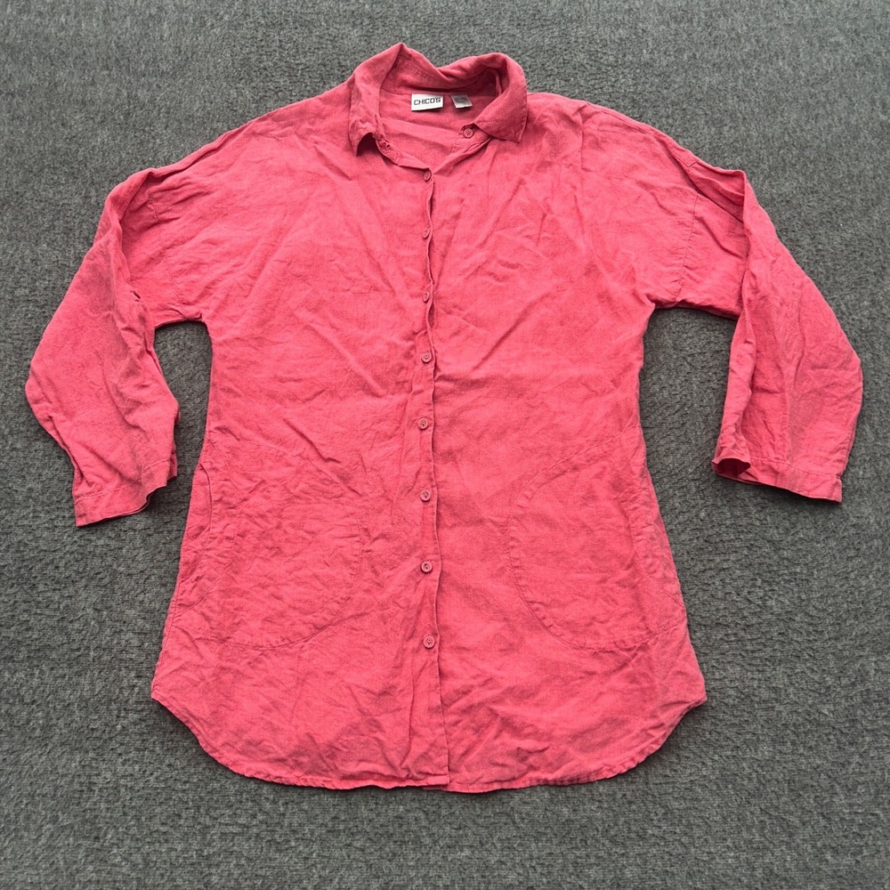 Chicos Linen Button Down Shirt Coral Pink Tunic Size 1 Lagen Coastal Grandma